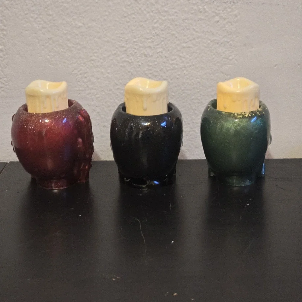 Handmade Resin Skull Candle Holder Vase‎ Set Of 3 Black Green Red Goth Garden